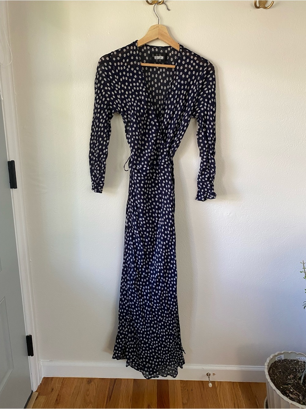 Reformation Navy and White flower Dot Wrap Maxi Dress